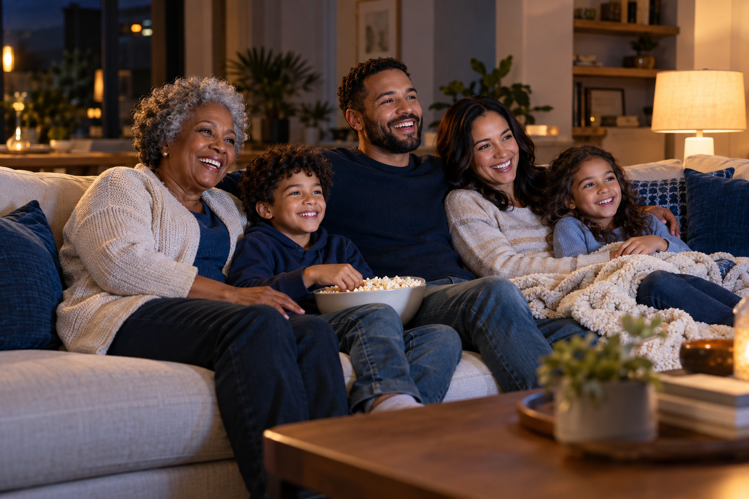 A multigenerational family enjoying television together at home